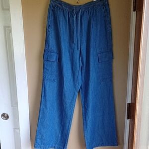 Lands End Blue Cargo Pants Lyocell Stretch Waist Wide Leg Size 12
